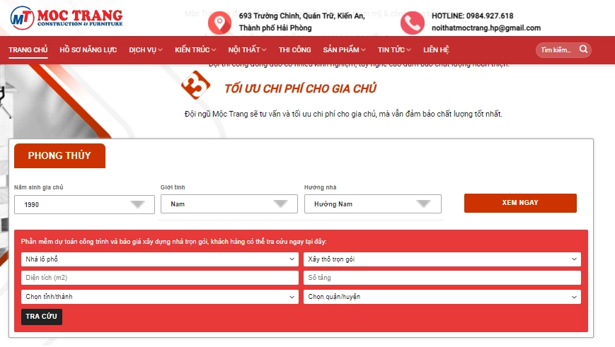 Thiết kế giao diện chính website công ty xây dựng mộc trang