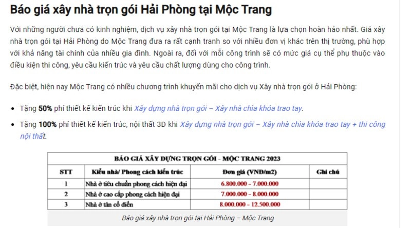 Mẫu content chuẩn SEO ngành xây dựng