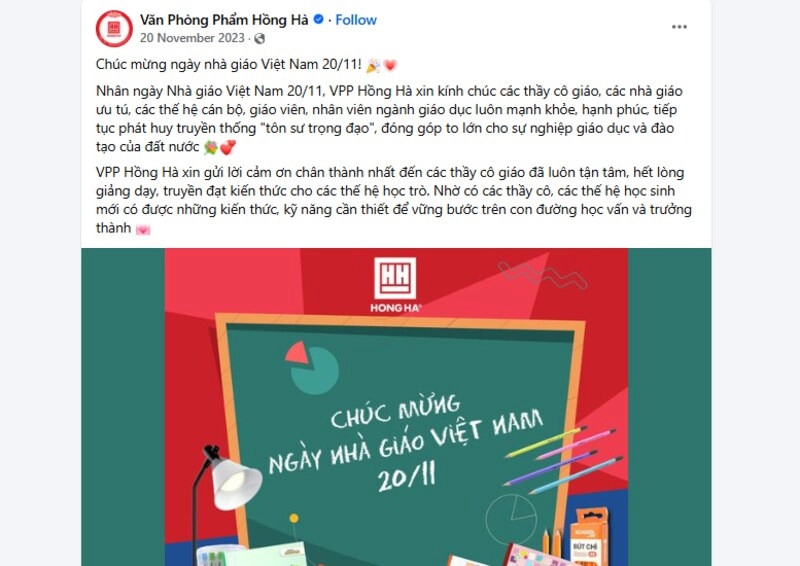 Mẫu content 20/11 cửa hàng văn phòng phẩm