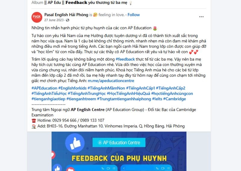 Mẫu bài đăng feedback trung tâm tiếng anh trẻ em